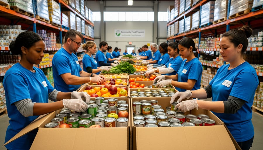 Volunteers in a warehouse sorting donated groceries on packing tables