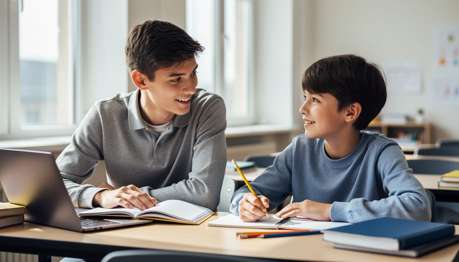 Older teen volunteer helping a younger student with homework at a desk